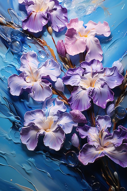 Watercolor art of irises dimensional petals blue waters light purple reflectio beauty wet frame
