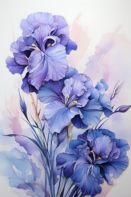 Watercolor Art of Irises Purple and Blue Flowers With Green Leaves and Stem Dr Beauty Wet Frame