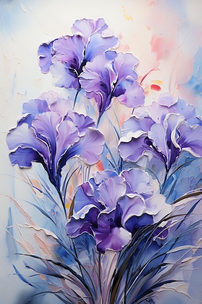 Watercolor art of irises purple and blue flowers with green leaves and stem dr beauty wet frame