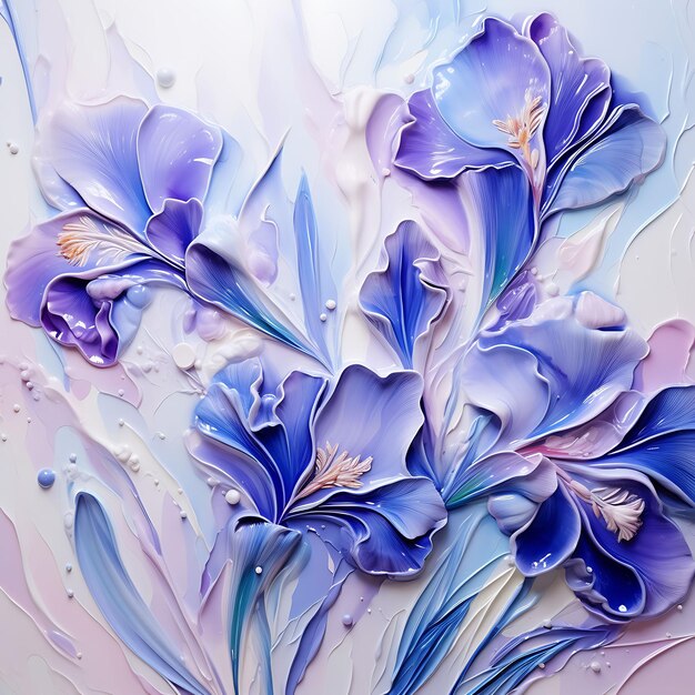 Watercolor art of irises ribbon petals striped leaves violet shimmers light bl beauty wet frame