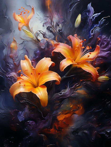 Watercolor Art of Lilies Flared Bells Streaked Leaves Yellow Stamens Dark Shad Beauty Wet Frame