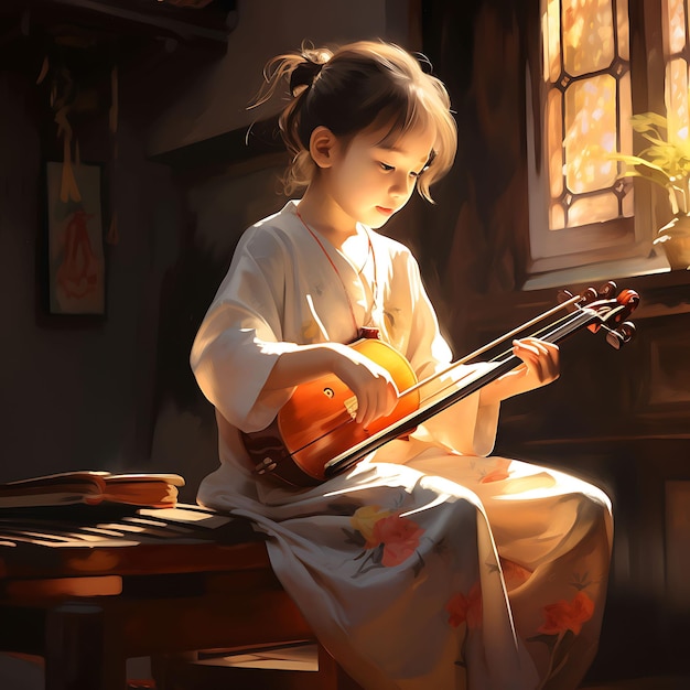 Photo watercolor art of little girl playing erhu young musician playing rapt attenti dongzhi festival