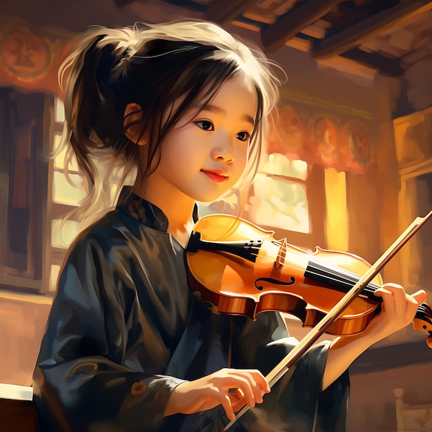 Photo watercolor art of little girl playing erhu young musician playing rapt attenti dongzhi festival