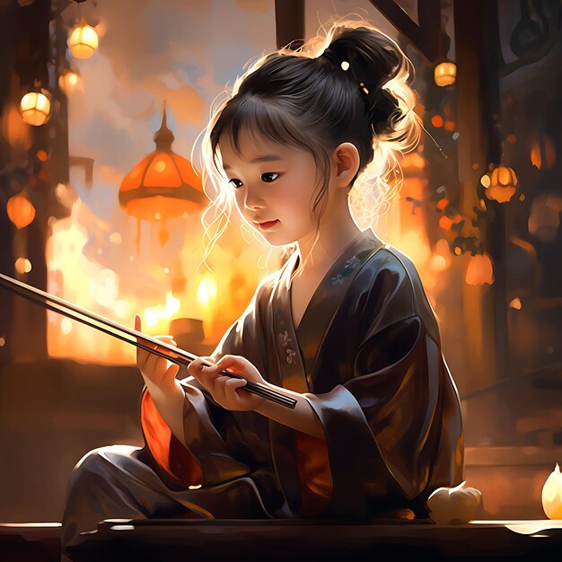 Watercolor Art of Little Girl Playing Erhu Young Musician Playing Rapt Attenti Dongzhi Festival