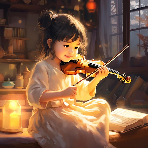 Watercolor Art of Little Girl Playing Erhu Young Musician Playing Rapt Attenti Dongzhi Festival