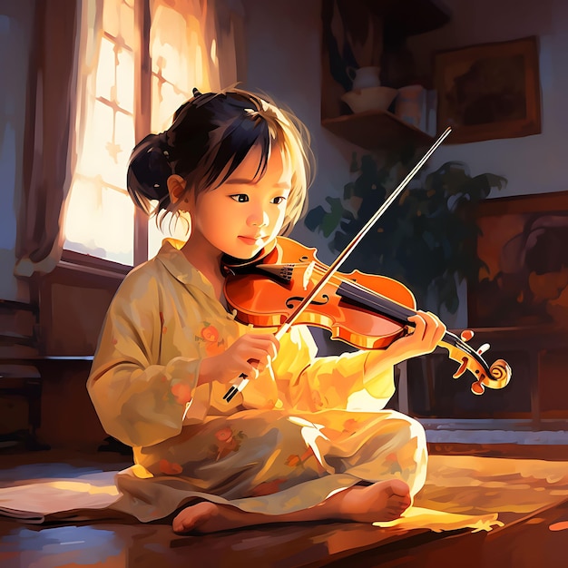 에르후를 연주하는 어린 소녀의 수채화 예술 젊은 음악가 래프트 아텐티 동지 페스티벌을 연주