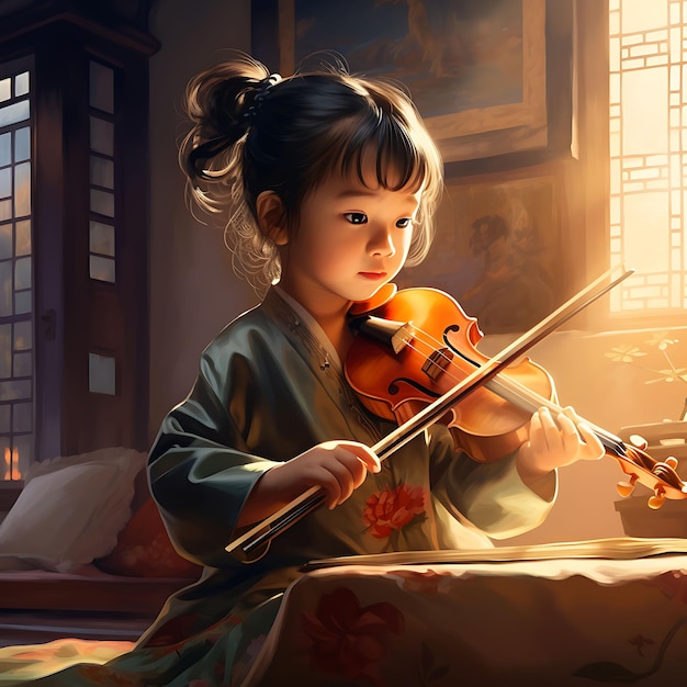 Photo watercolor art of little girl playing erhu young musician playing rapt attenti dongzhi festival