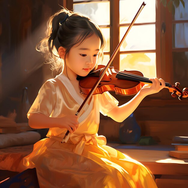 Photo watercolor art of little girl playing erhu young musician playing rapt attenti dongzhi festival