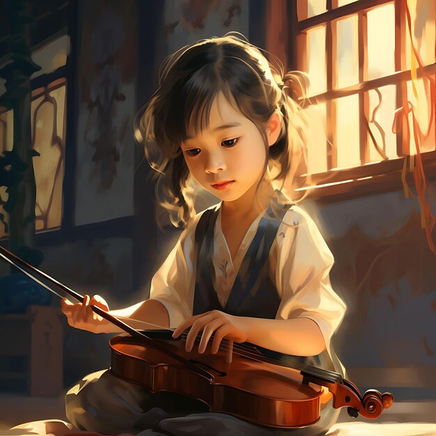 Photo watercolor art of little girl playing erhu young musician playing rapt attenti dongzhi festival