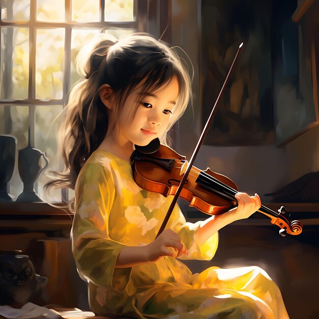 Photo watercolor art of little girl playing erhu young musician playing rapt attenti dongzhi festival