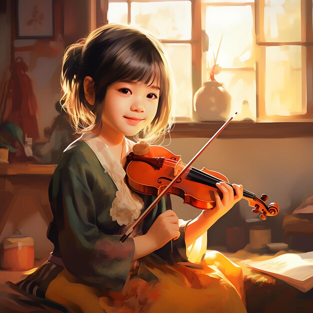 Watercolor Art of Little Girl Playing Erhu Young Musician Playing Rapt Attenti Dongzhi Festival