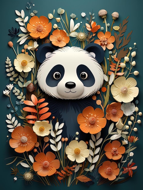 A Watercolor Art Little Panda and Blossoms