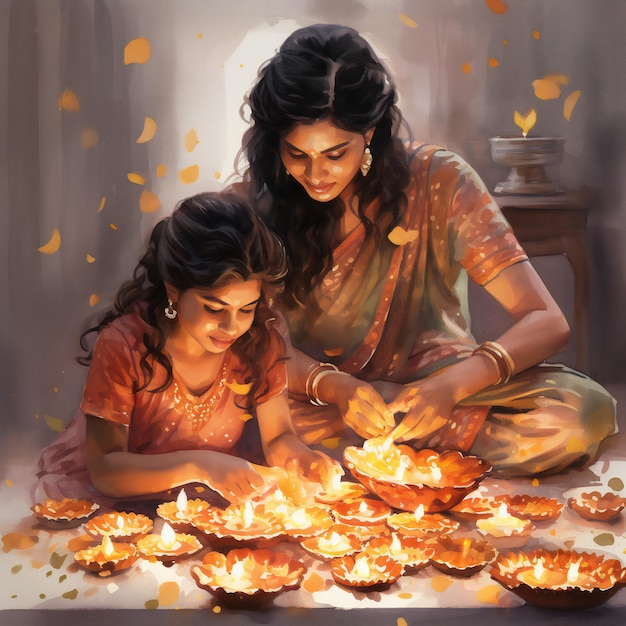 Photo watercolor art mother and daughter celebrationg diwali