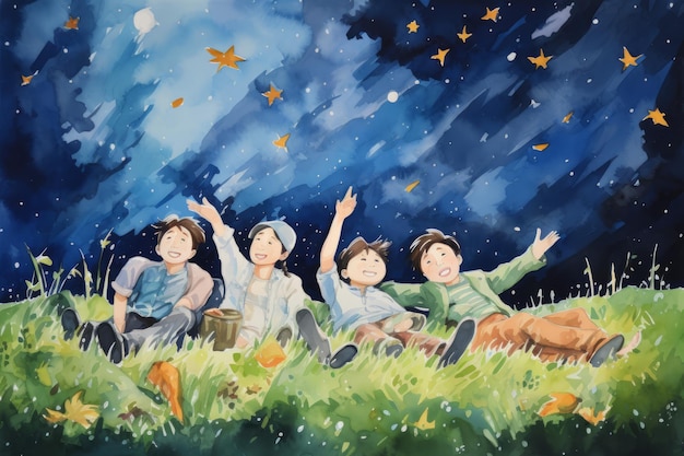 사진 수채화 가족의 예술 별을 관찰하는 모임 잔디에 누워 하늘을 가리키는 동지 축제