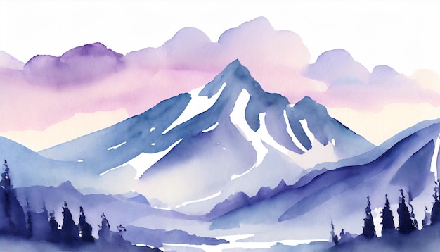 Watercolor Art Painting Alpine Beauty with SnowCapped Peaks Gently in Twilight