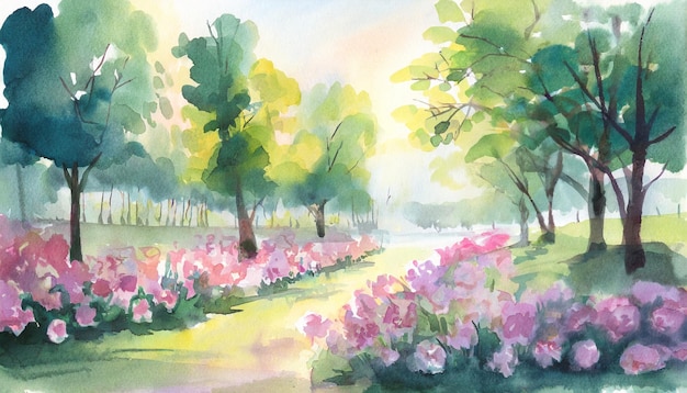 Watercolor Art Painting Blooming Flowers in Park Gently at Morning