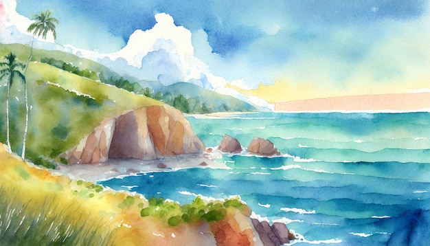 Watercolor Art Painting Dynamic Coastal Adventure in Playfully Afternoon