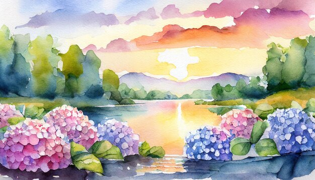 Watercolor Art Painting Hydrangeas by the Riverbank Calmly at Sunset