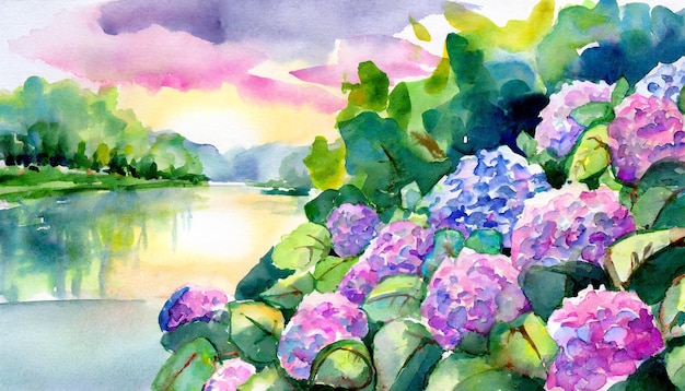 Watercolor Art Painting Hydrangeas by the Riverbank Calmly at Sunset