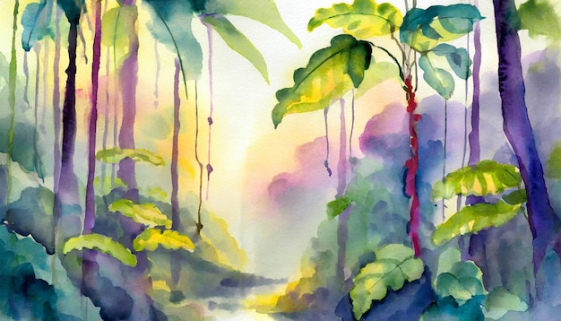 Photo watercolor art painting surreal rainforest with hanging vines softly in evening