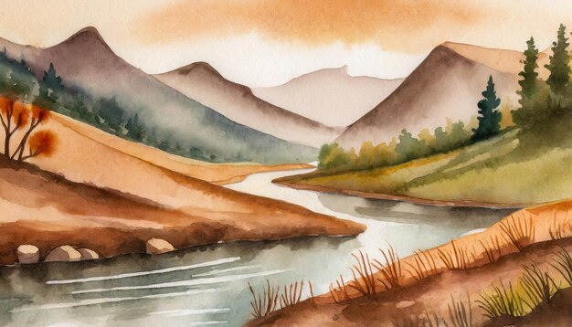 Watercolor Art Painting Valley Tranquility with Winding River Peacefully in Afternoon