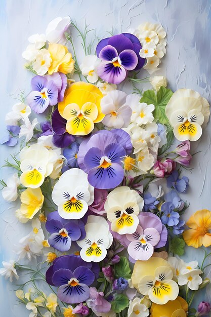 Watercolor art of pansies purple yellow and white flowers with green leaves na beauty wet frame