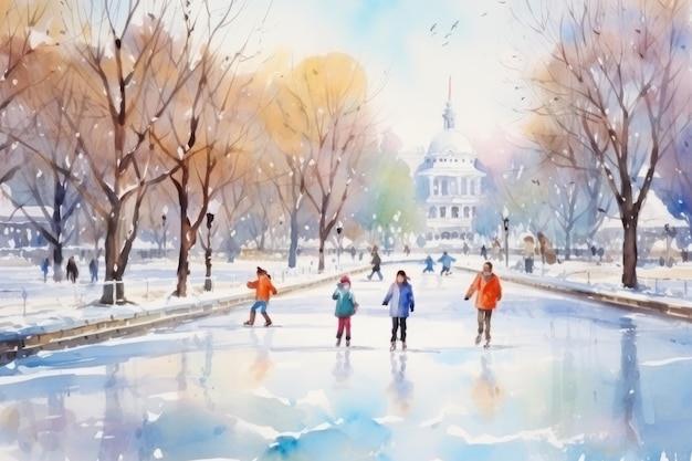 Watercolor Art of Park Ice Skating People Smoothly Gliding on Frozen Pond Wint Dongzhi Festival