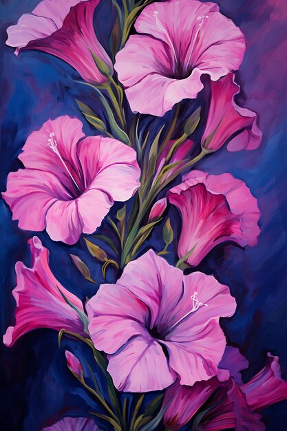 Watercolor art of petunia vivid trumpets nodding together with striated throat beauty wet frame