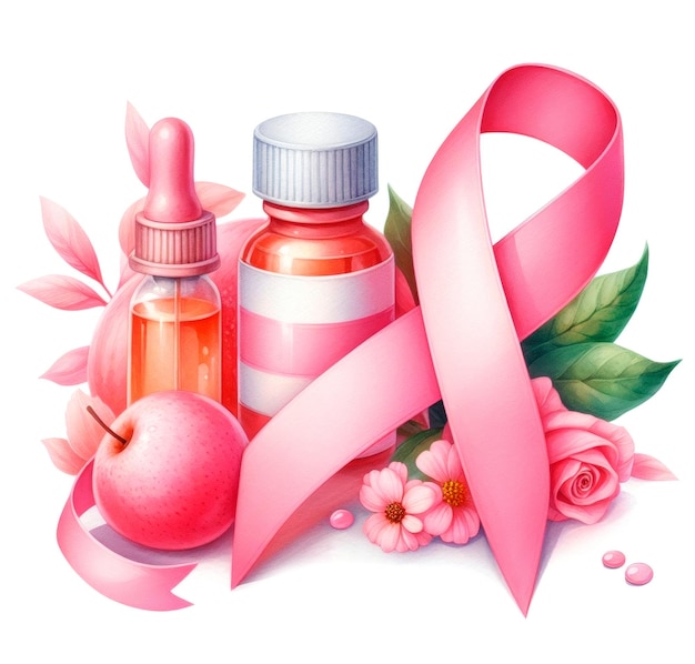 Watercolor art of Pink awareness breast cancer ribbon still life AI generative