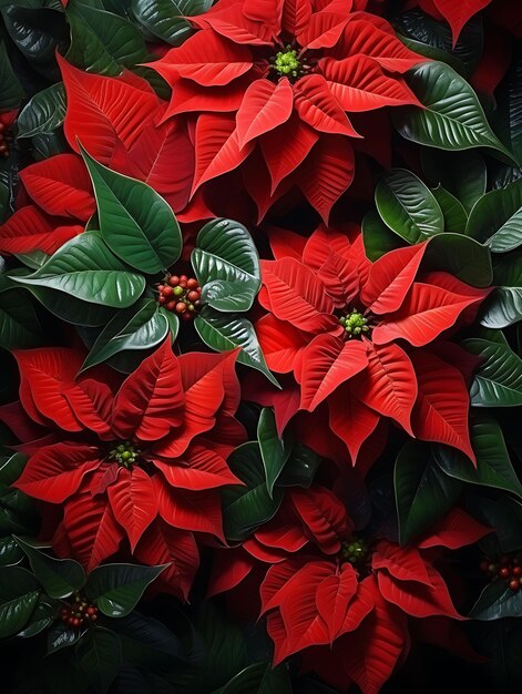 Watercolor Art of Poinsettias Bract Details Glossy Leaves Red Christmas Green Beauty Wet Frame