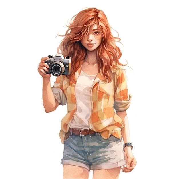 Photo watercolor art portrays a pretty girl in short jeans with camera