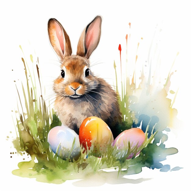 Watercolor Art Of Rabbit And Easter Eggs