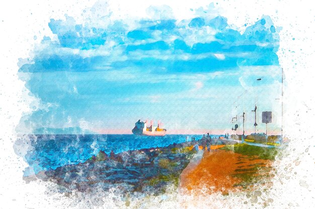 Photo watercolor art, ship in marmara sea and people walking on the beach.