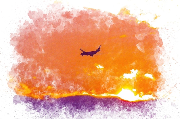 Watercolor art, silhouette of gliding plane at sunset.