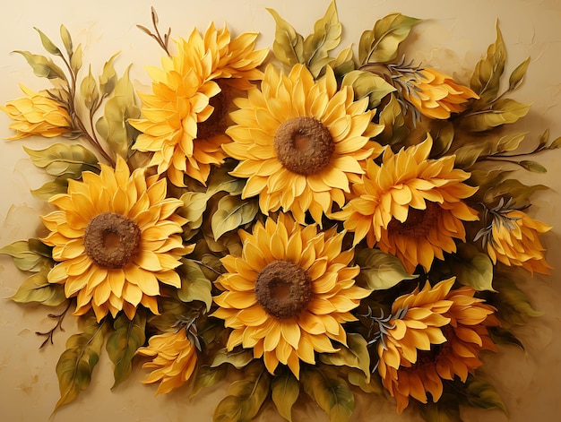 Watercolor art of sunflowers large blooms facing the sun with brown centers an beauty wet frame