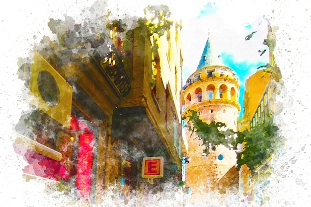 水彩画、通りからのガラタ塔の眺め。