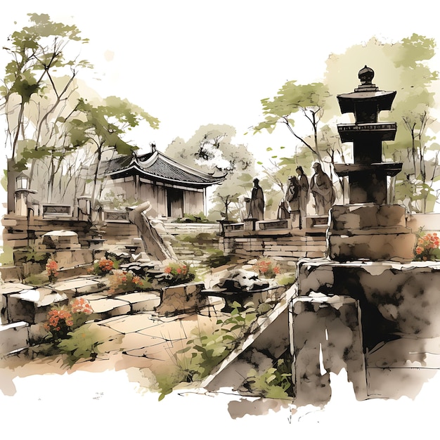 Watercolor art of visiting ancestral graves sweeping tombstones offerings of f dongzhi festival