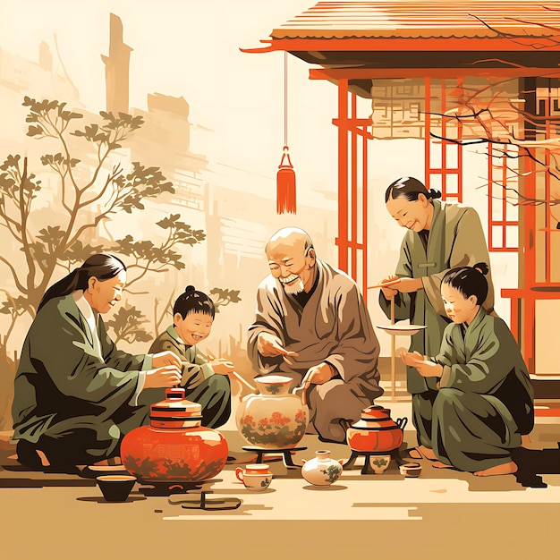 Watercolor Art of Visiting Elders Family Paying Respects With Gifts Seated Eld Dongzhi Festival