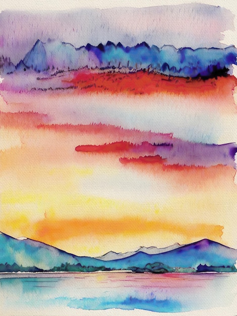 Watercolor Artistic Canvas Painting Free Photo of Sunset