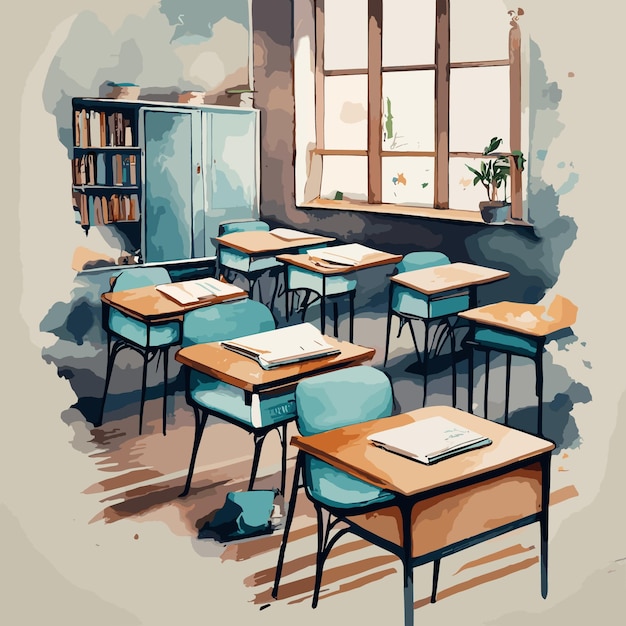 Watercolor artistic image of school classroom empty classroom with no students an empty classroom