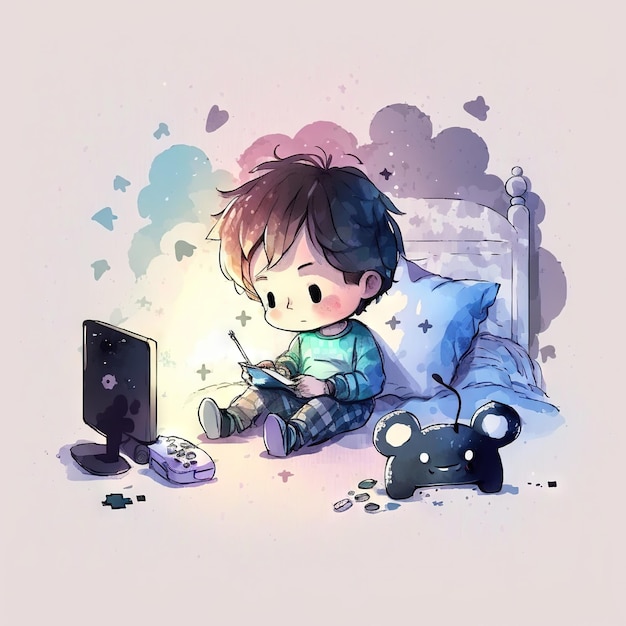 Watercolor artwork boy playing video games night Generative AI