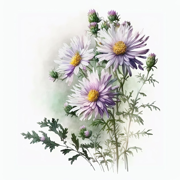 Watercolor aster illustration on white background Flower art