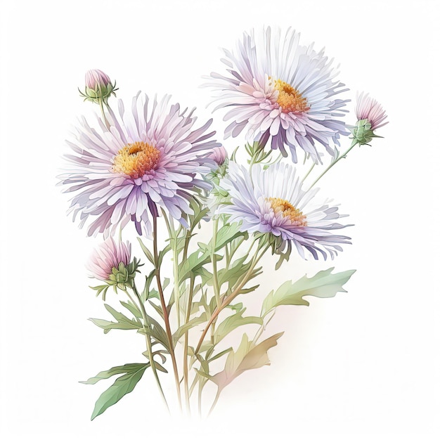 Watercolor aster illustration on white background Flower art