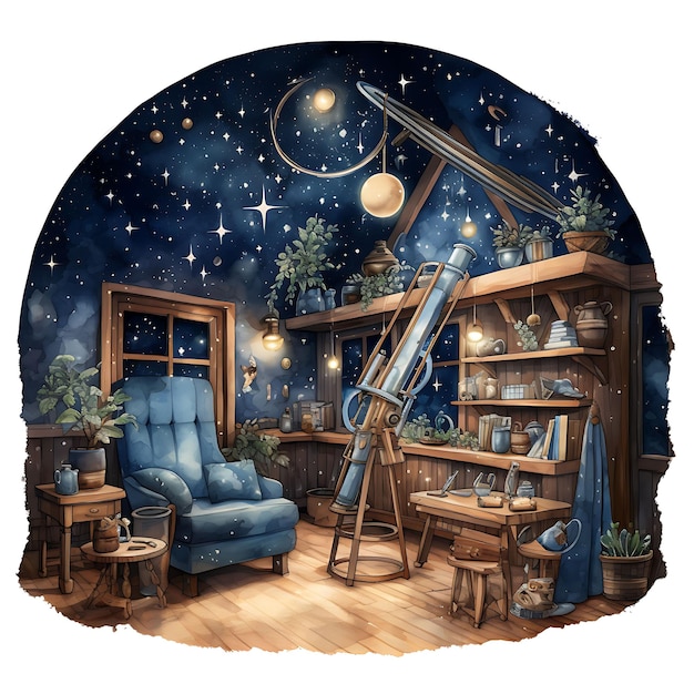 Watercolor of Astronomers Stargazing Nook a Room With an Ast On White Background With Cozy Place