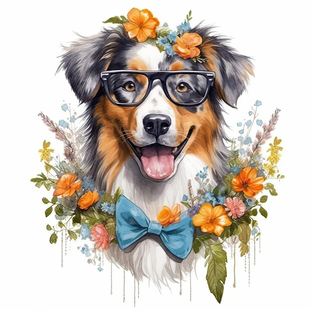 선글라스와 꽃을 가진 오스트레일리아 셰퍼드 (Australian Shepherd) 의 수채화 클리파트 색 배경