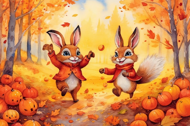 Watercolor autumn artwork amusing postcard characters The fox and rabbit bunny