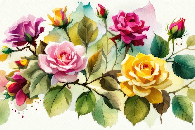 Photo watercolor autumn banner with roses and leaves isolated on white background