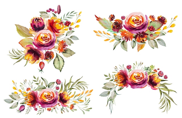 Watercolor autumn bouquets made of red, orange, green and yellow flowers and leaves isolated