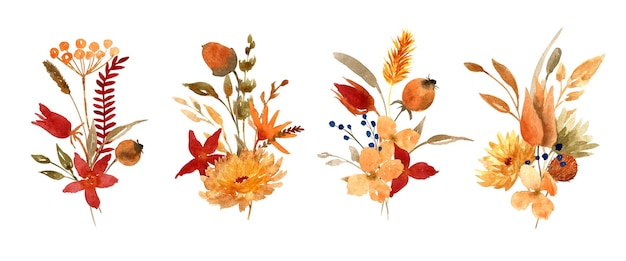 watercolor autumn dried flowers and leaves arrangement bundle isolated on white hand drawn floral