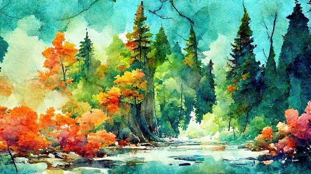 Watercolor autumn forest with bright trees